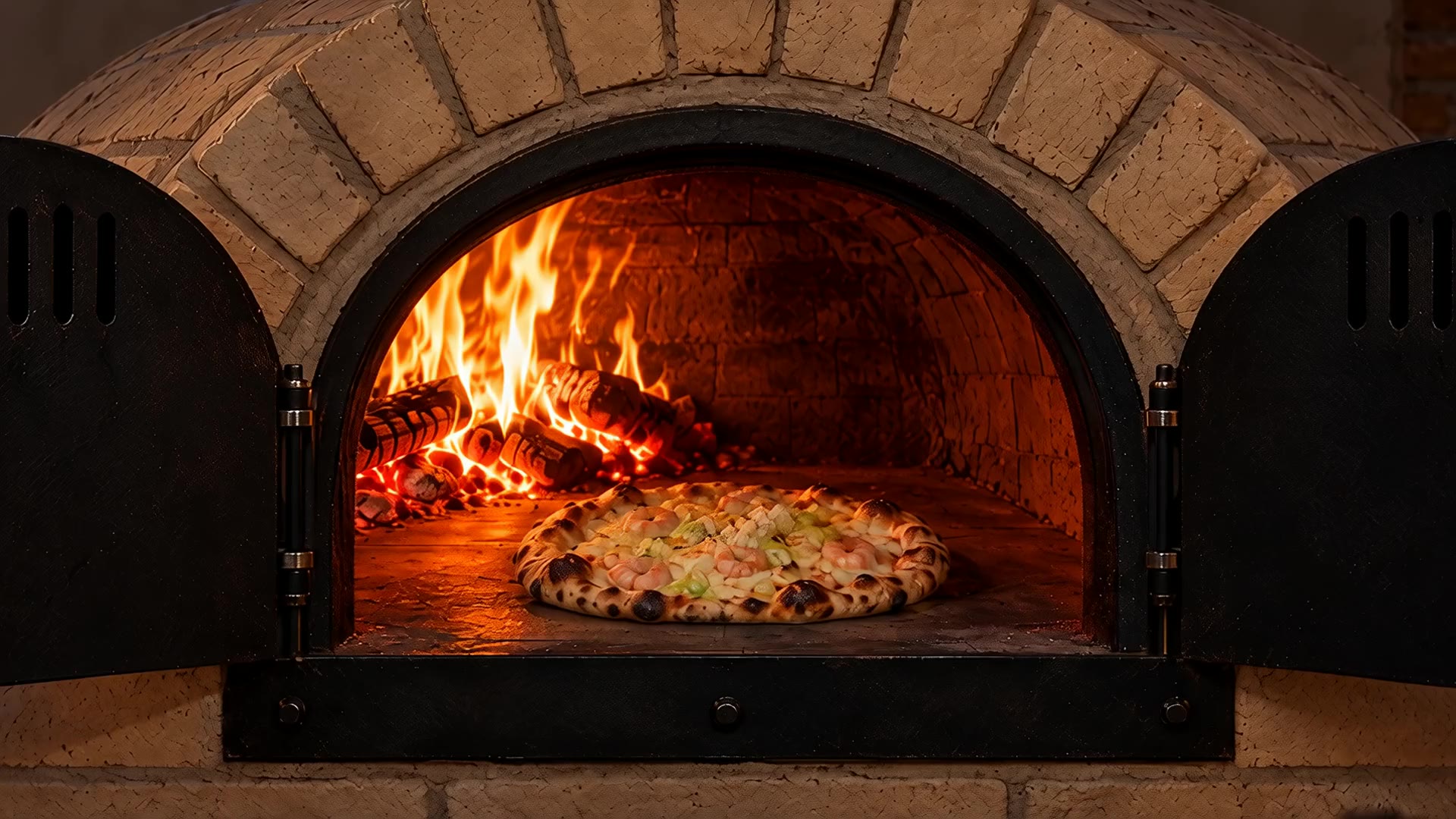 Pizza assando na boca do forno a lenha, com o fogo ao fundo
