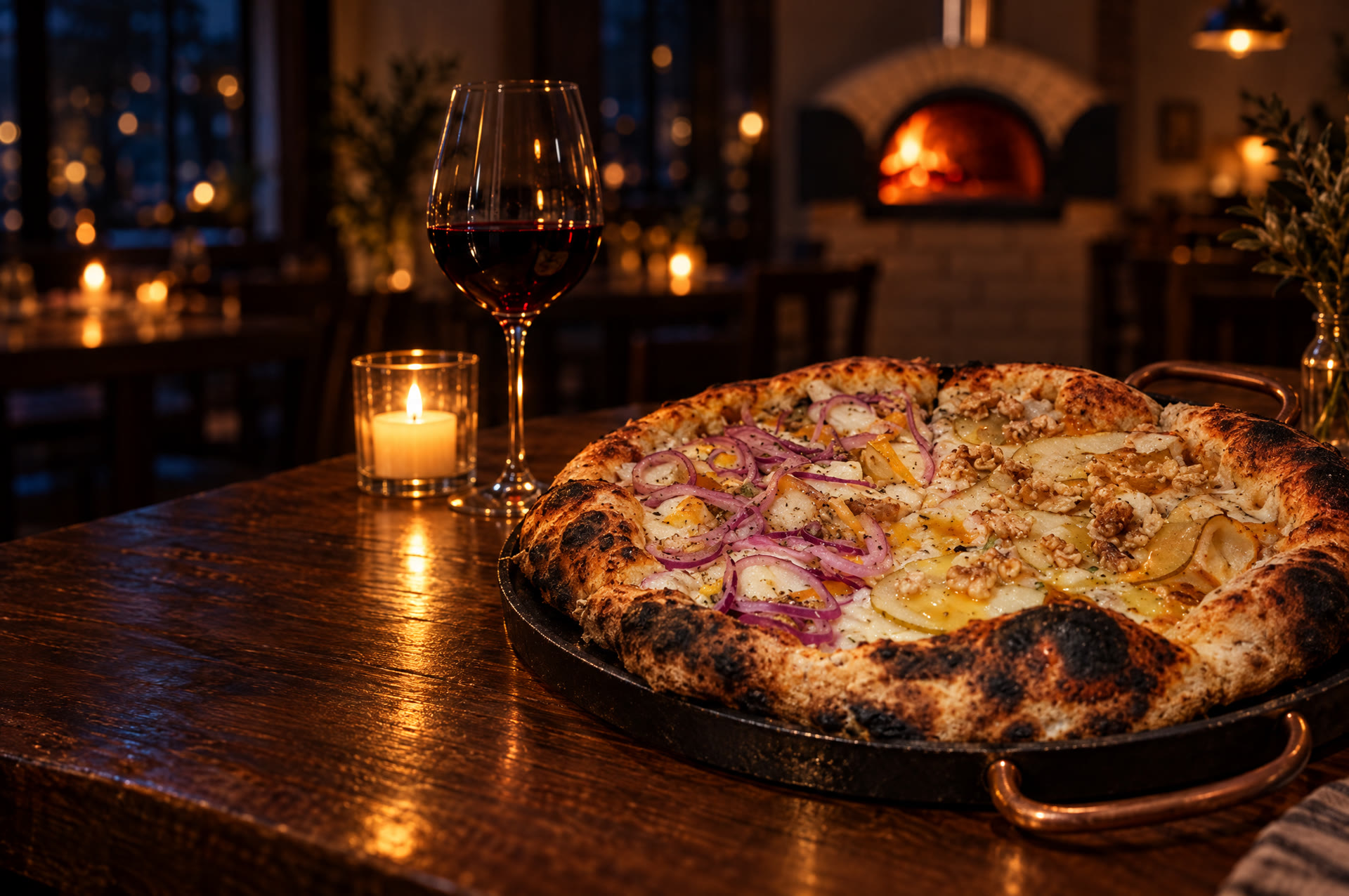 Mesa de madeira com pizza à noite, luzes quentes ao fundo